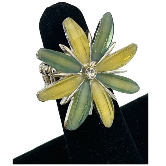 Adjustable Yellow & Green Flower Ring With Rhinestone Center - Picture 2 of 5
